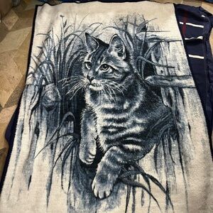 Vintage Biederlack Reversible Cat Kitten Plush Throw Blanket NIP Blue White